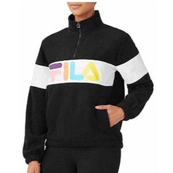 FILA Women's Black Color Block Quarter Zip Fleece Pullover Sweatshirt Sz Medium - Picture 3 of 15